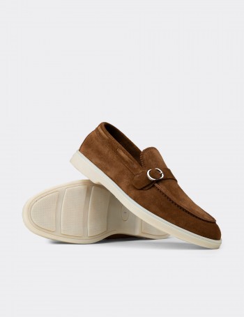 Erkek Hakiki Süet Taba Renk Tokalı Loafer - 02031MTBAC01