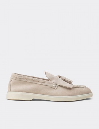 Erkek Hakiki Süet Gri Püsküllü Loafer - 02030MGRIC01