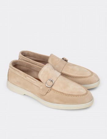 Erkek Hakiki Süet Bej Tokalı Loafer - 02031MBEJC01