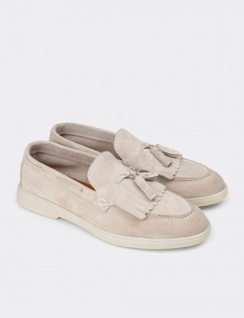 Erkek Hakiki Süet Gri Püsküllü Loafer - 02030MGRIC01