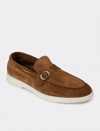 Erkek Hakiki Süet Taba Renk Tokalı Loafer - 02031MTBAC01