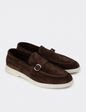 Erkek Kahverengi Hakiki Süet Toka Detaylı Loafer - 02031MKHVC01