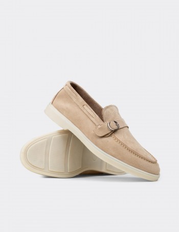 Erkek Hakiki Süet Bej Tokalı Loafer - 02031MBEJC01