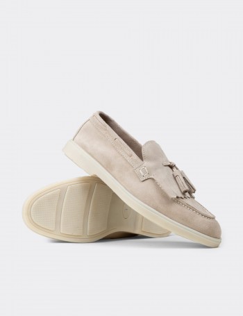 Erkek Hakiki Süet Gri Püsküllü Loafer - 02030MGRIC01