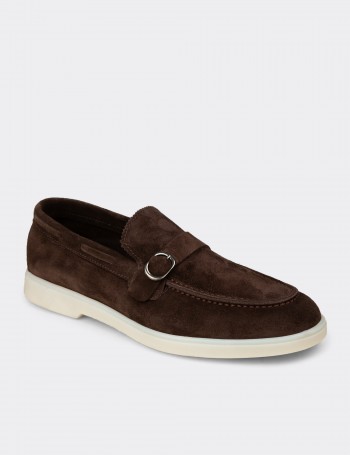 Erkek Kahverengi Hakiki Süet Toka Detaylı Loafer - 02031MKHVC01