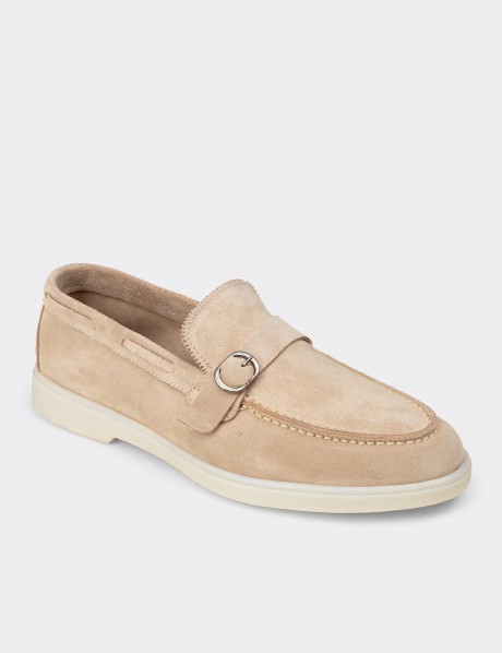 Erkek Hakiki Süet Bej Tokalı Loafer