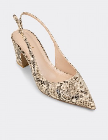 Kadın Bej Yılan Desenli Topuklu Slingback Ayakkabı - RD125ZBEJM01