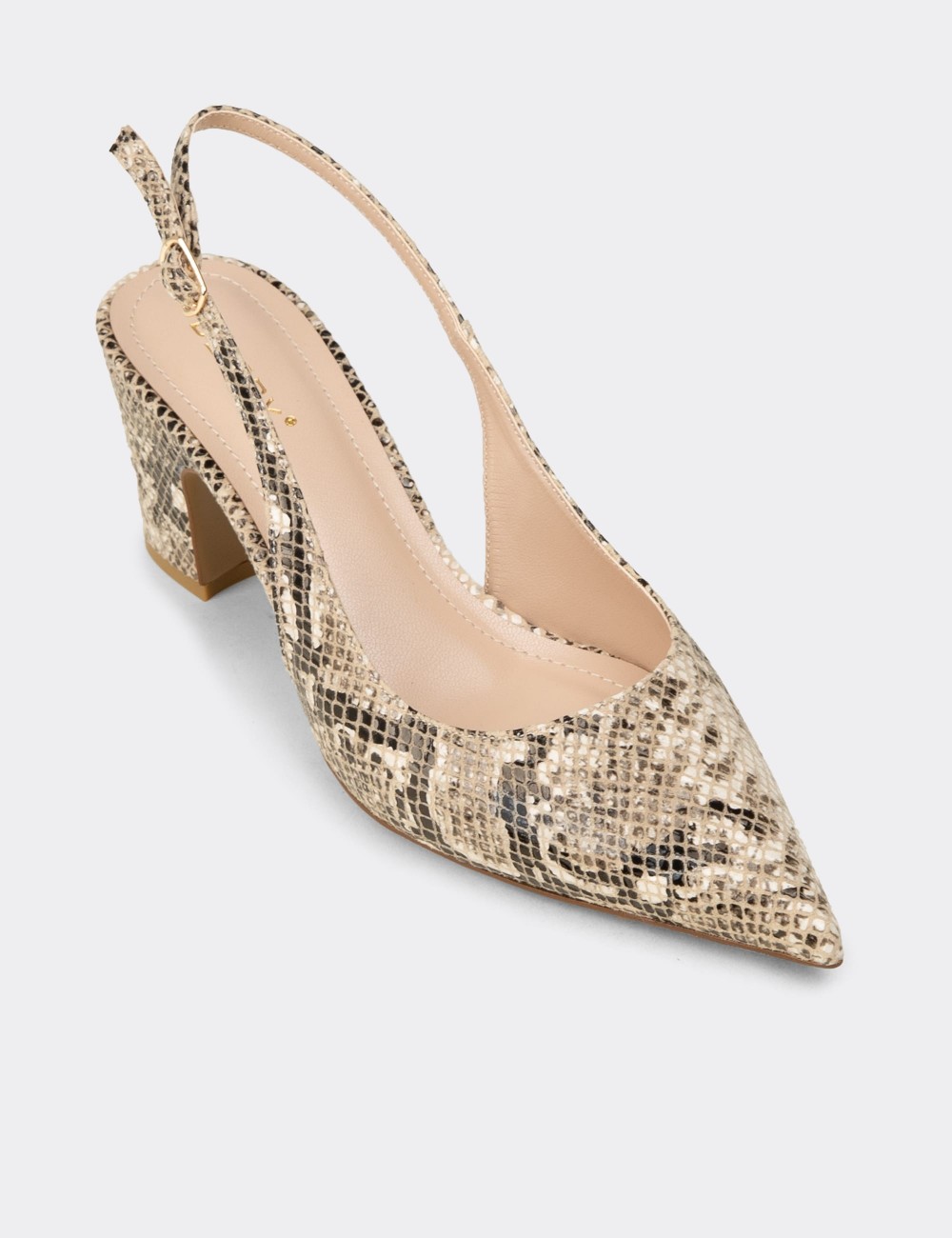 Kadın Bej Yılan Desenli Topuklu Slingback Ayakkabı - RD125ZBEJM01