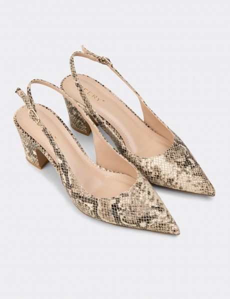 Kadın Bej Yılan Desenli Topuklu Slingback Ayakkabı