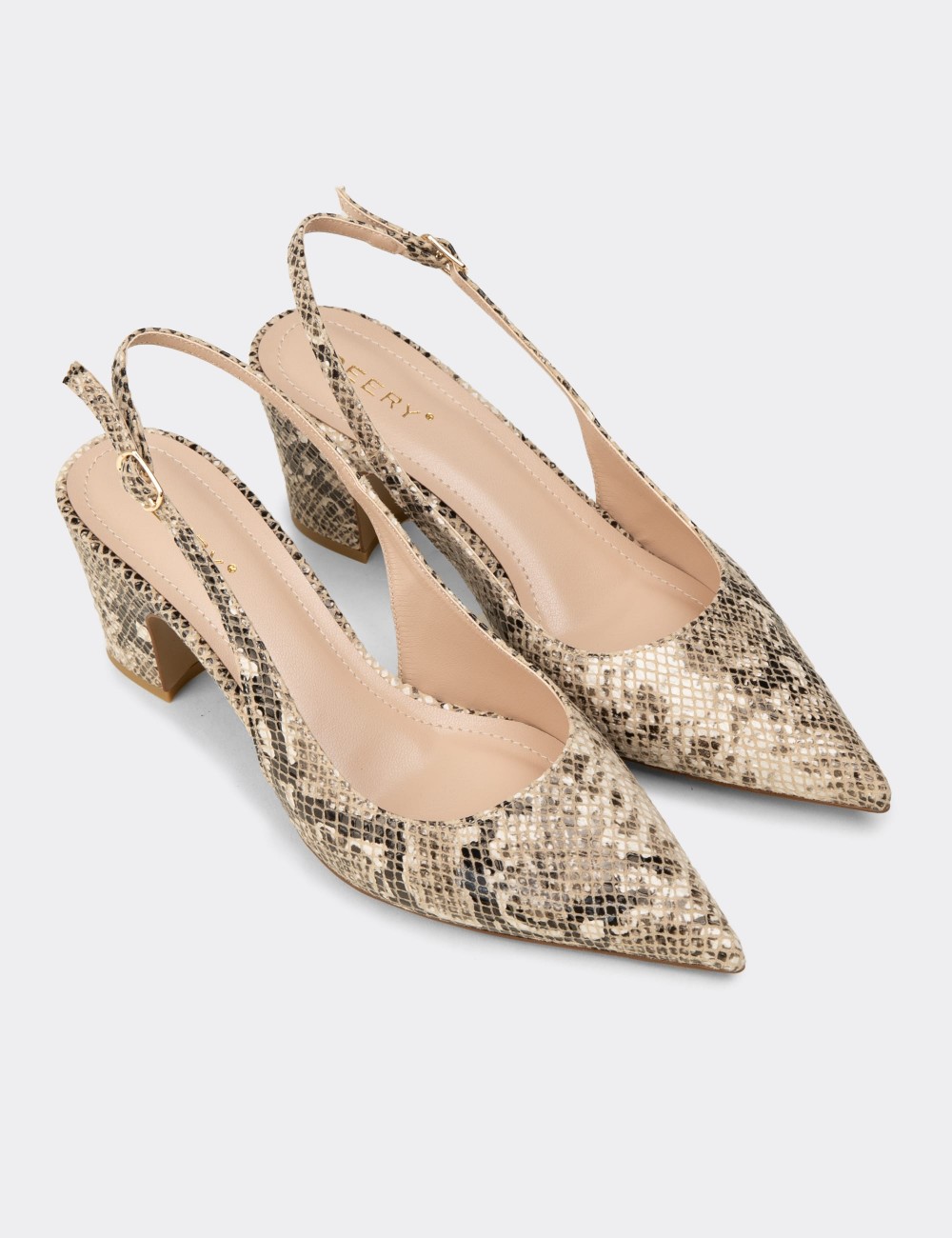 Kadın Bej Yılan Desenli Topuklu Slingback Ayakkabı - RD125ZBEJM01