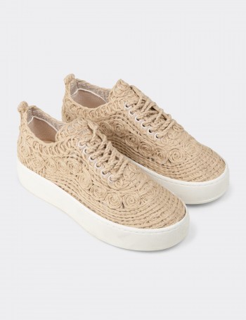 Kadın Bej Renkli Örgü Detaylı Sneaker Ayakkabı - K0046ZBEJM01