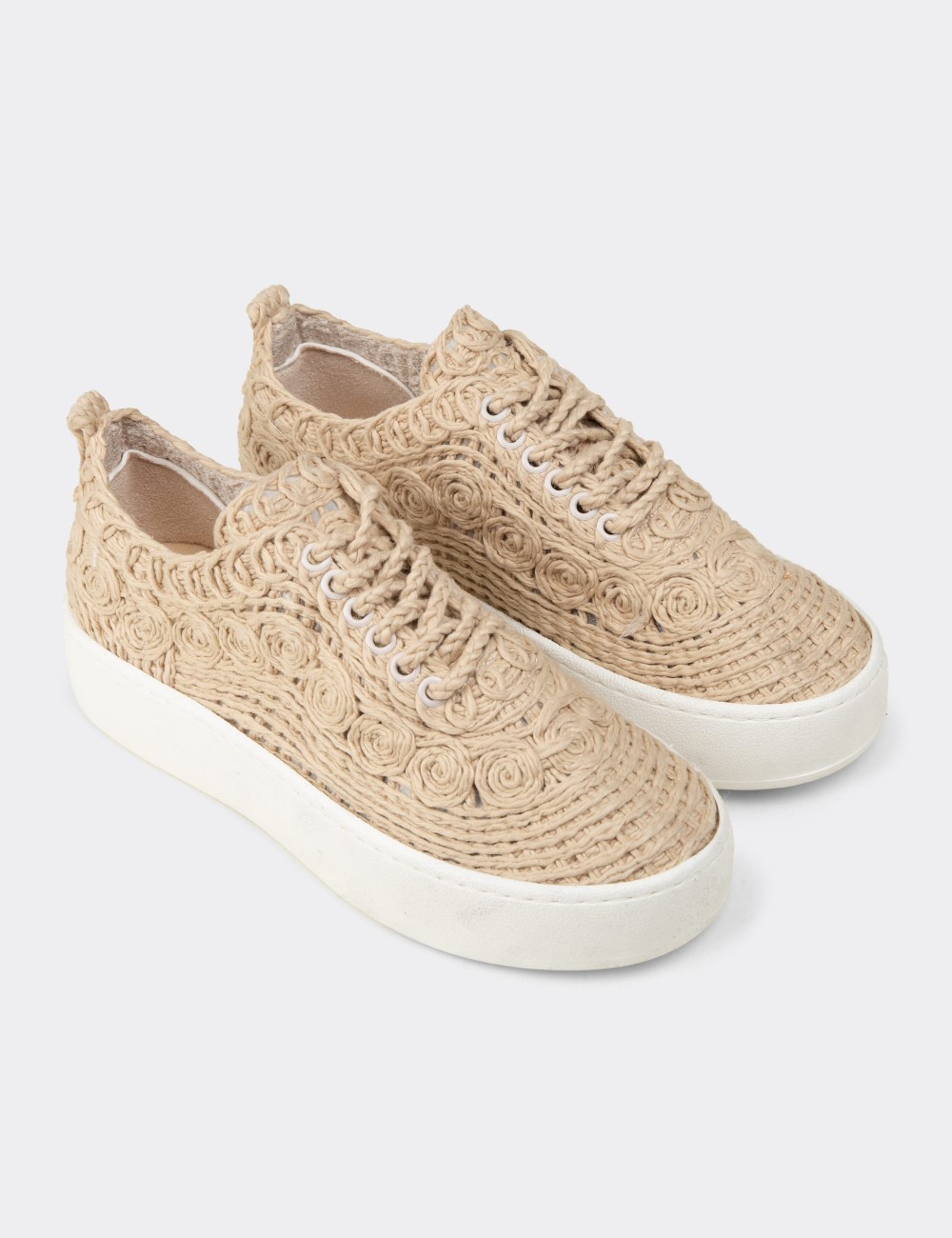 Kadın Bej Renkli Örgü Detaylı Sneaker Ayakkabı - K0046ZBEJM01