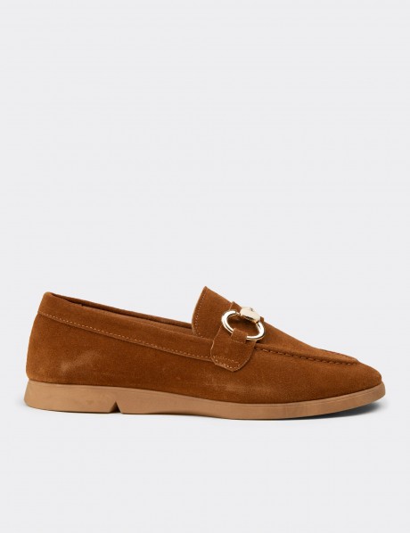 Kadın Hakiki Süet Taba Rengi Toka Detaylı Loafer