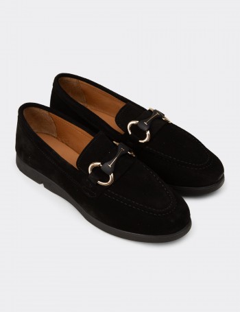 Kadın Hakiki Süet Siyah Toka Detaylı Loafer - K5300ZSYHC01