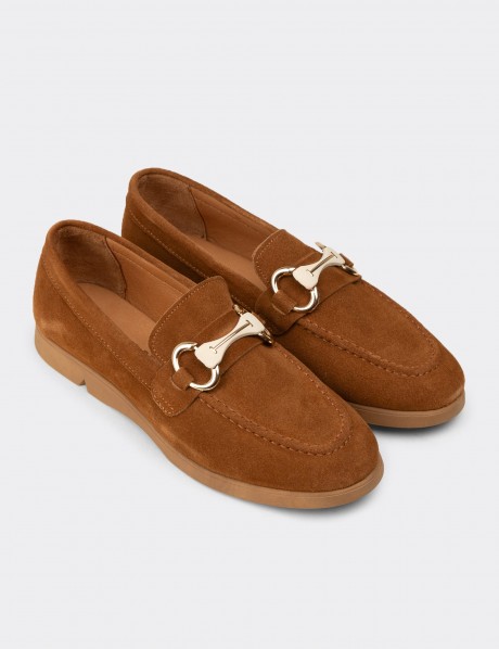 Kadın Hakiki Süet Taba Rengi Toka Detaylı Loafer