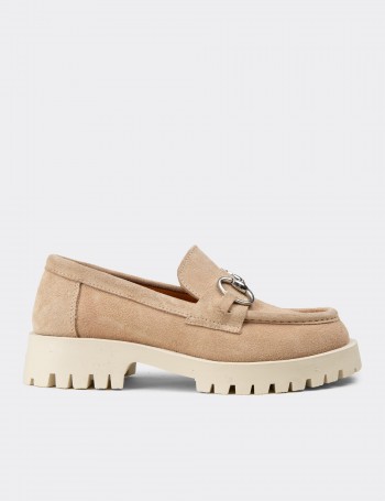 Kadın Hakiki Süet Bej Tokalı Loafer