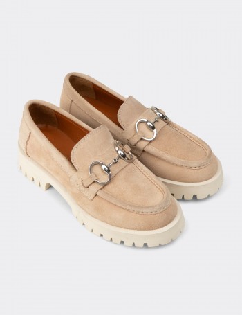 Kadın Hakiki Süet Bej Tokalı Loafer