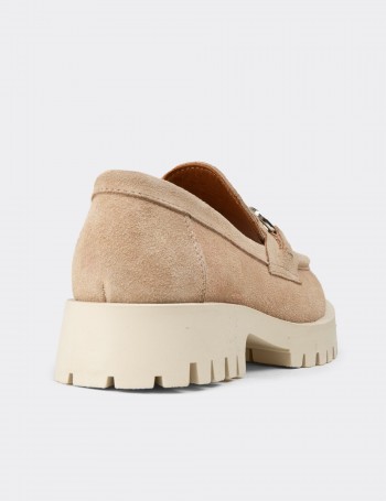 Kadın Hakiki Süet Bej Tokalı Loafer - 02037ZBEJC01