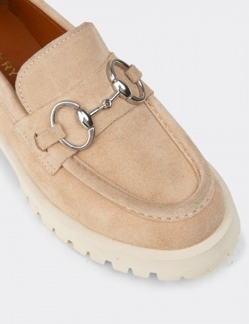 Kadın Hakiki Süet Bej Tokalı Loafer - 02037ZBEJC01