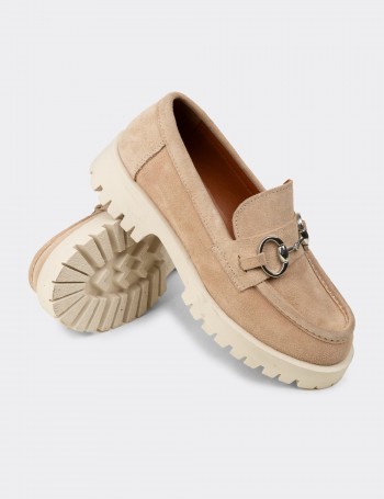 Kadın Hakiki Süet Bej Tokalı Loafer - 02037ZBEJC01