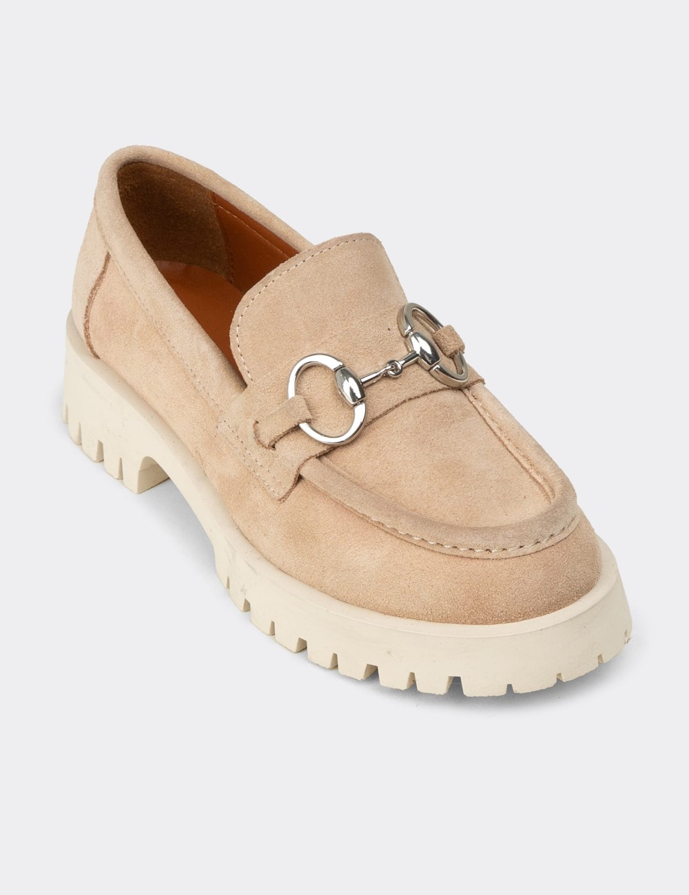 Kadın Hakiki Süet Bej Tokalı Loafer - 02037ZBEJC01