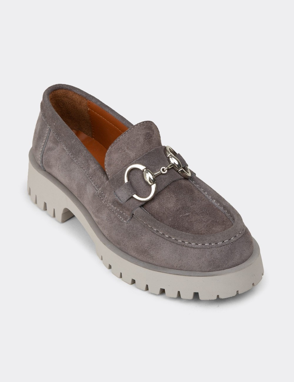 Kadın Hakiki Süet Gri Tokalı Loafer - 02037ZGRIC01