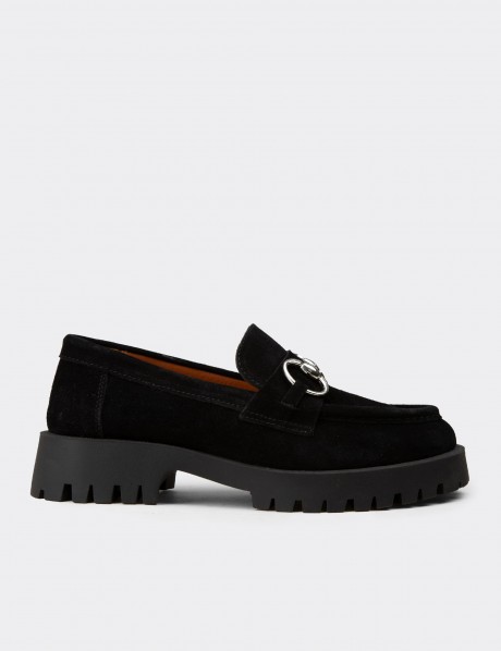 Kadın Hakiki Süet Siyah Tokalı Loafer