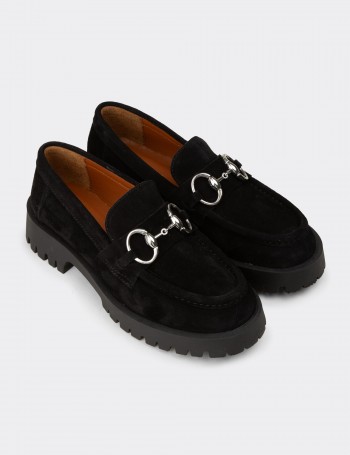 Kadın Hakiki Süet Siyah Tokalı Loafer - 02037ZSYHC01