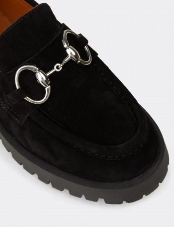 Kadın Hakiki Süet Siyah Tokalı Loafer - 02037ZSYHC01