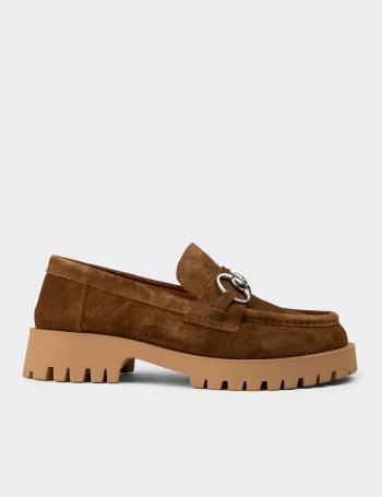 Kadın Hakiki Süet Taba Renk Tokalı Loafer - 02037ZTBAC01