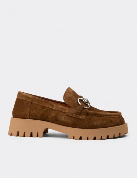 Kadın Hakiki Süet Taba Renk Tokalı Loafer