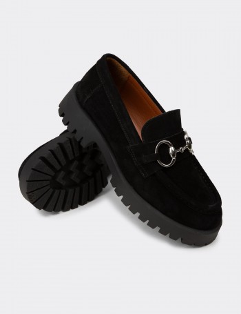 Kadın Hakiki Süet Siyah Tokalı Loafer - 02037ZSYHC01