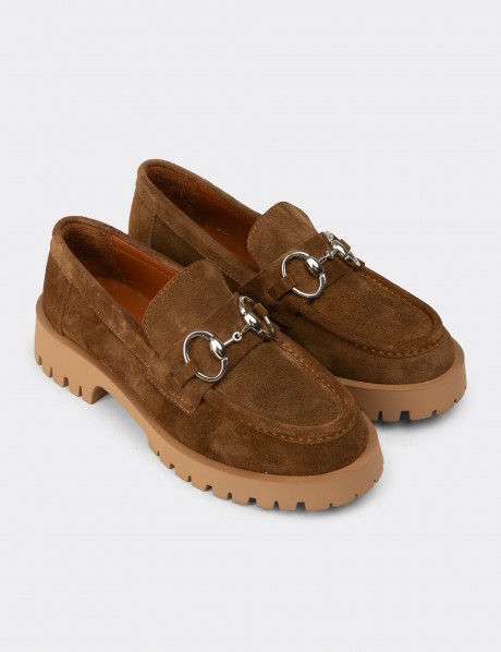 Kadın Hakiki Süet Taba Renk Tokalı Loafer