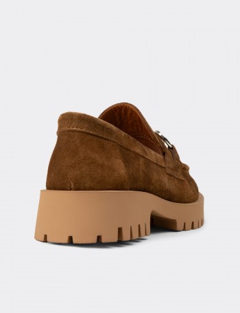 Kadın Hakiki Süet Taba Renk Tokalı Loafer - 02037ZTBAC01