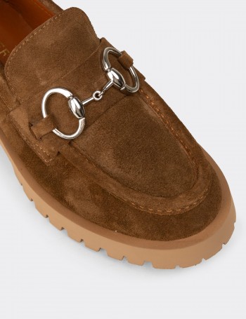 Kadın Hakiki Süet Taba Renk Tokalı Loafer - 02037ZTBAC01