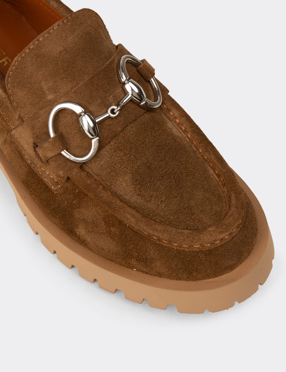 Kadın Hakiki Süet Taba Renk Tokalı Loafer - 02037ZTBAC01