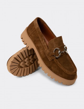 Kadın Hakiki Süet Taba Renk Tokalı Loafer - 02037ZTBAC01