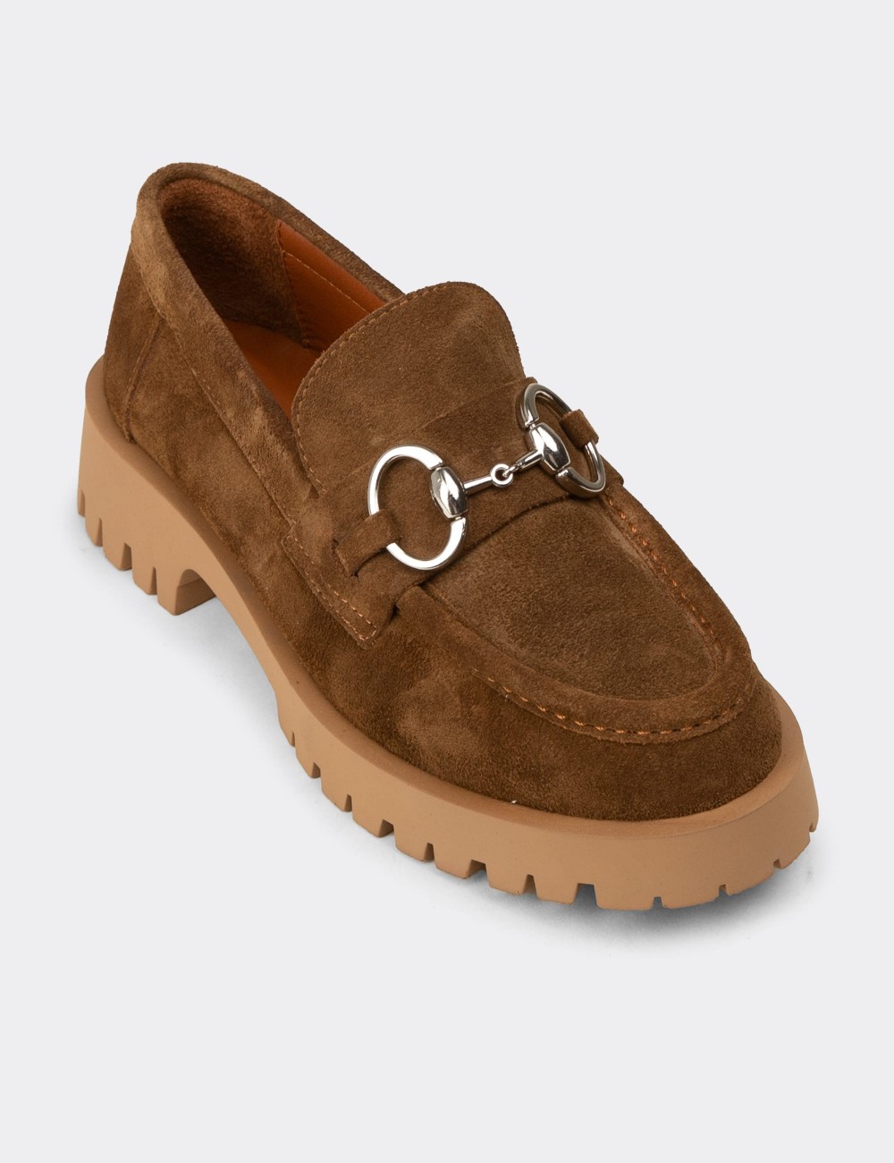 Kadın Hakiki Süet Taba Renk Tokalı Loafer - 02037ZTBAC01