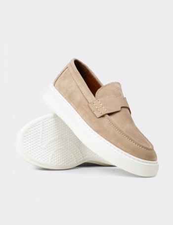 Erkek Hakiki Süet Bej Loafer Ayakkabı - 02043MBEJP03
