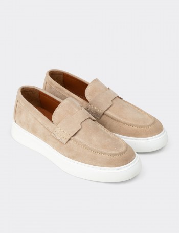 Erkek Hakiki Süet Bej Loafer Ayakkabı - 02043MBEJP03
