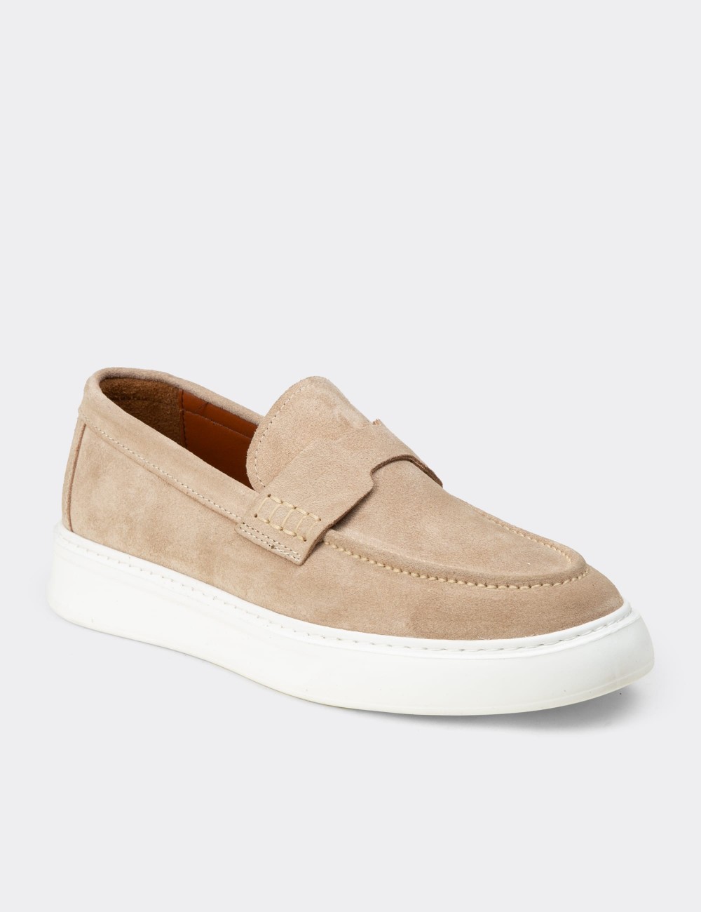 Erkek Hakiki Süet Bej Loafer Ayakkabı - 02043MBEJP03