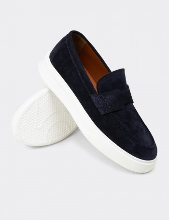 Erkek Hakiki Süet Lacivert Loafer Ayakkabı - 02043MLCVP01