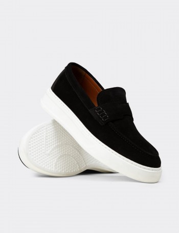 Erkek Hakiki Süet Siyah Loafer Ayakkabı - 02043MSYHP02