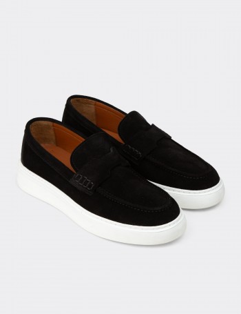 Erkek Hakiki Süet Siyah Loafer Ayakkabı - 02043MSYHP02