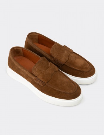 Erkek Hakiki Süet Taba Renk Loafer Ayakkabı - 02043MTBAP03
