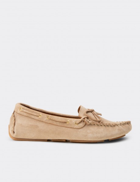 Kadın Hakiki Süet Bej Loafer Ayakkabı