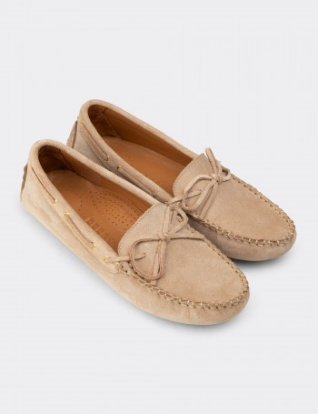 Kadın Hakiki Süet Bej Loafer Ayakkabı