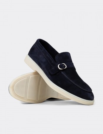 Erkek Hakiki Süet Lacivert Tokalı Loafer - 02031MLCVC01