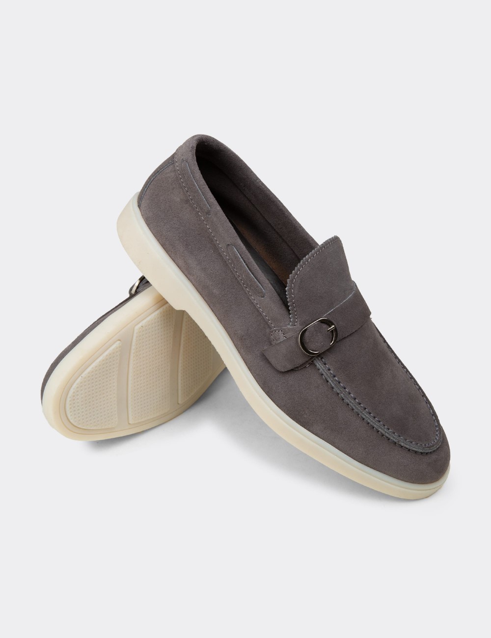 Erkek Hakiki Süet Gri Tokalı Loafer - 02031MGRIC01