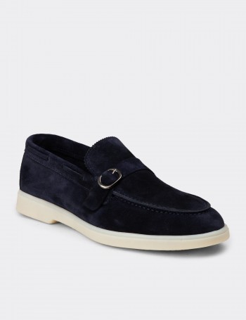 Erkek Hakiki Süet Lacivert Tokalı Loafer - 02031MLCVC01